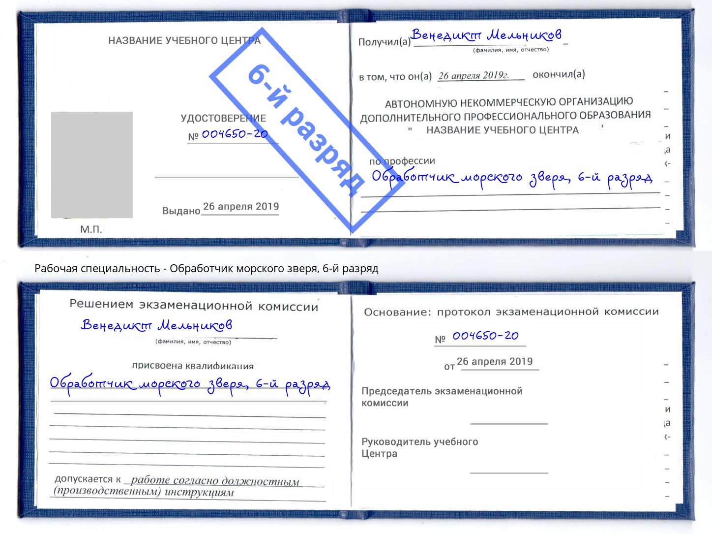 корочка 6-й разряд Обработчик морского зверя Челябинск