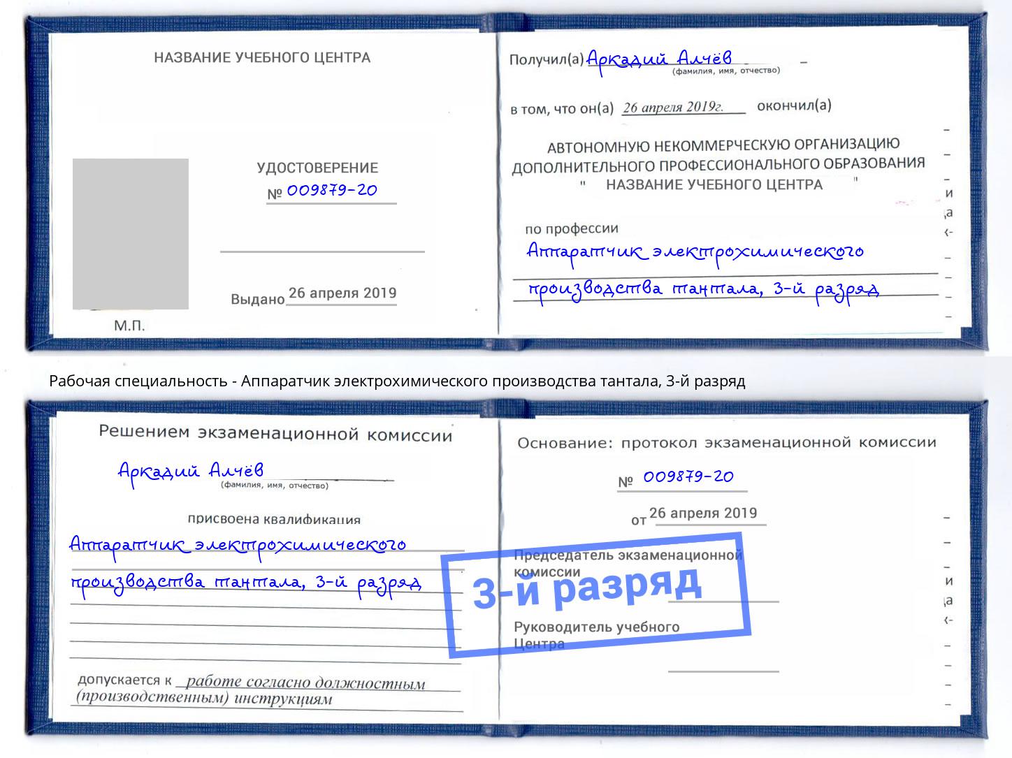 корочка 3-й разряд Аппаратчик электрохимического производства тантала Челябинск