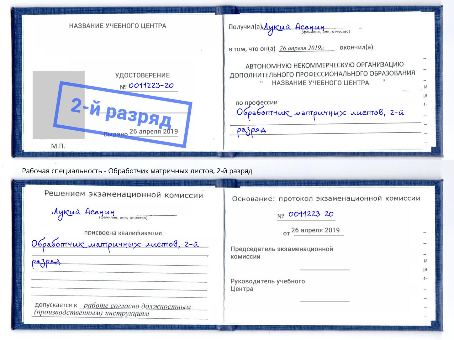 корочка 2-й разряд Обработчик матричных листов Челябинск